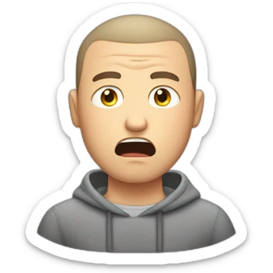 tired white man with buzz cut in gray sweatshirt is terrified sticker