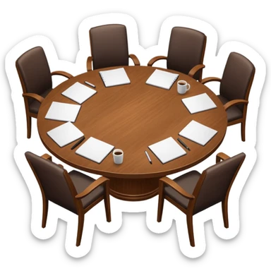 Round conference table with several empty chairs around it and a notepad in the center sticker