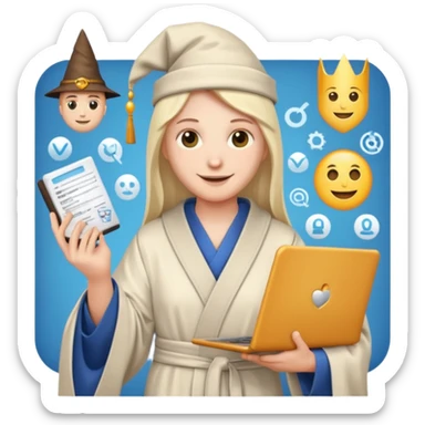 wizard in a robe, holding a resume and a laptop, with engineering icons, emoji style sticker