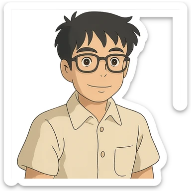 asian nerdy man with glasses, ghibli style sticker