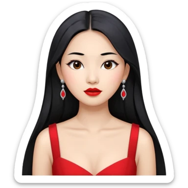 30 yr old asian woman, middle parted straight long black hair, very pretty, fancy grey dress, earings, red lipstick, silver earings sticker