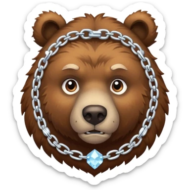 Fierce brown bear walking on four paws with an ice chain necklace, frozen chain links made of crystal clear ice, serious face sticker