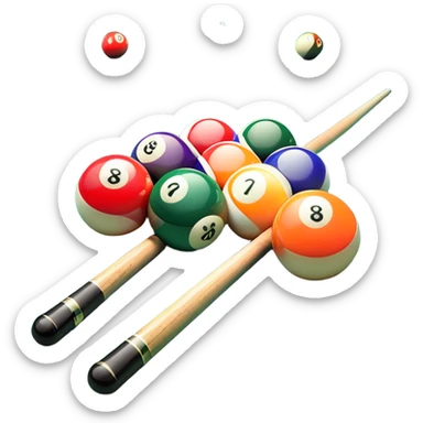 Two crossed pool cues resting on a billiard table, with colorful billiard balls scattered across the surface. The background features the felt of the table, creating an inviting atmosphere for a game of precision and strategy sticker
