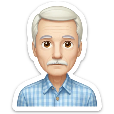 Skinny man in his 70s with fair skin. Long narrow face. Gentle light brown eyes. Long, flowing straight white hair reaching past shoulders, with light bangs. Thin eyebrows. White goatee connected to mustache. Slender appearance. Wearing a light blue and beige checkered button-up shirt. sticker