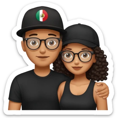 A picture of an embracing tanned couple. the man is a Mexican man with tanned skin, with a bald hair cut wearing a SnapBack hat and a black shirt. the woman wearing black glasses, with long curly dark brown hair and with big boobs.  sticker