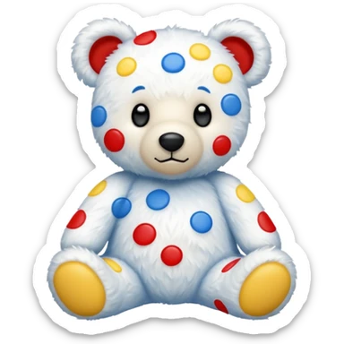 White teddy bear covered with blue, red and yellow spots sticker