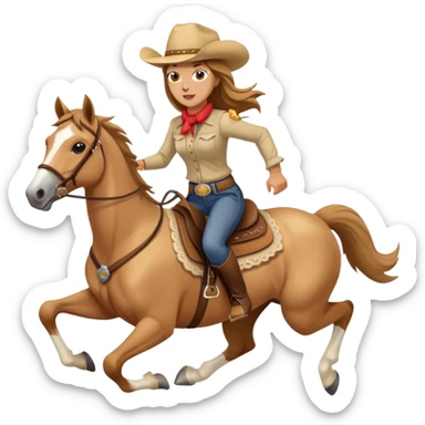 palomino horse running with a woman rider with brown hair and a cowboy hat sticker