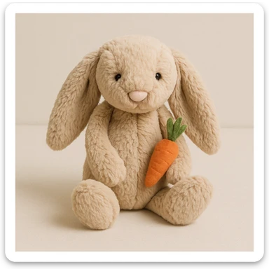 jellycat bashful bunny plush toy in beige, holding a small carrot, neutral background sticker