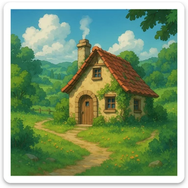 cozy cottage in a lush landscape, ghibli style sticker