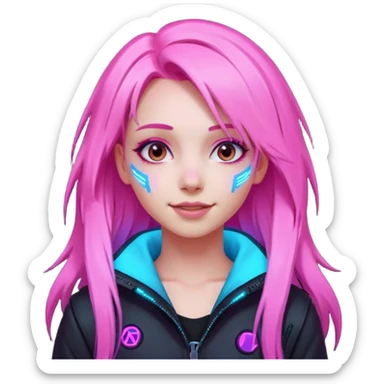 girl neon cyberpunk light pink happy long hair sticker