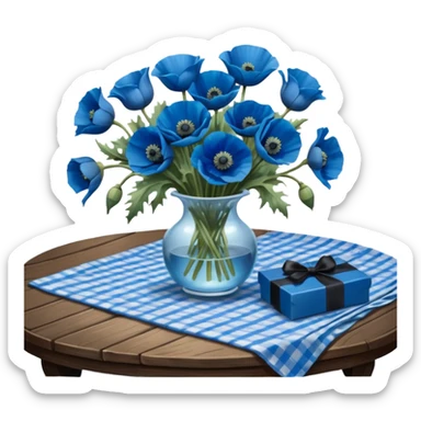 A lush bouquet of bright blue poppies black satin ribbon, resting on an antique wooden table, with a pale blue plaid pattern table cloth sticker