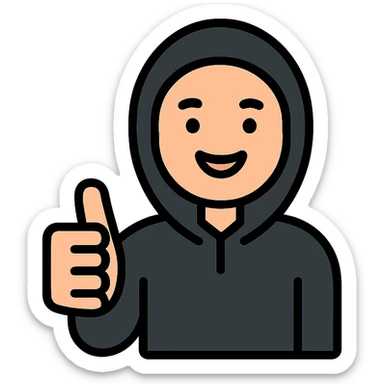 person in black hoodie giving a thumbs up, smiling, modern icon style sticker