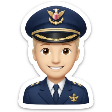 A light-skinned man with brown eyes, smiling while wearing a white captain’s hat with a navy emblem. sticker