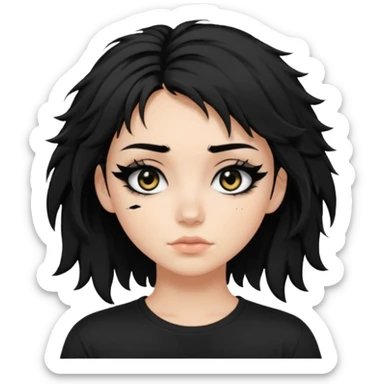 a pretty bratz fair girl with messy shaggy black hair with mascara smudged wearing a tight black tee sticker
