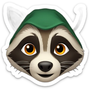 brown raccoon with orange eyes and a dark green hood that smile sticker