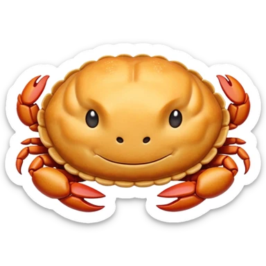 Shanghai Crab Shell Cake pastry shaped like crab shell, simplified emoji style with bold outlines and bright colors, cartoon style Xie Ke Huang specialty sticker