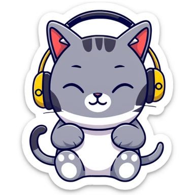 tired sad cat with a gun and headphones, cartoon sticker sticker