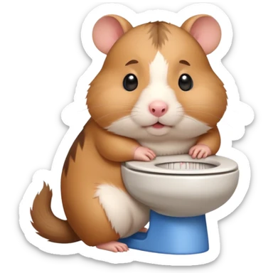Cute chubby cartoon-style hamster sitting on toilet pooping looking as if he had an accident sticker