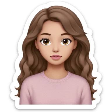 a woman with beige knit long sleeve top, her hair is long wavy brown hair, her face is soft girl style, her eyes color are black and the color of her lip is soft pink sticker