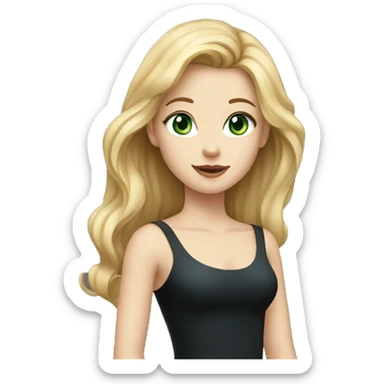 Girl with black dress and dirty blond hair and blue-green eyes and white skin sticker