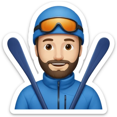 bearded man skiing, blue outfit, smiling sticker