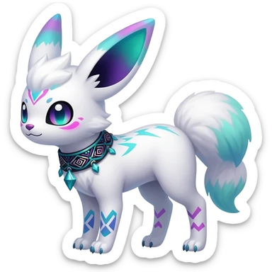 Rare neon iridescent white exotic cute epic aesthetic gothic colorful Salandit-Eevee-Civet-species-Fakemon-hybrid-creature, with a collar, and with intricate tribal markings, full body sticker