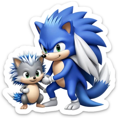 Blue Sonic the hedgehog, black Shadow the hedgehog, and small baby Silver the hedgehog holding hands together in a row sticker