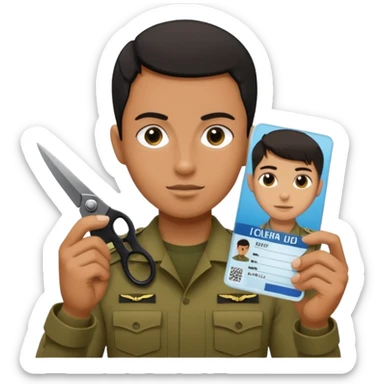 Floating black Scissors cutting in half an idf soldier ID card with a little chip in 2 parts .hyper realistic sticker