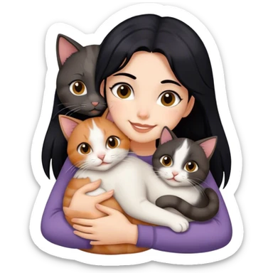 happy girl with black hair hugging three cats  (dark calico cat, gray cat, brown calico cat) sticker