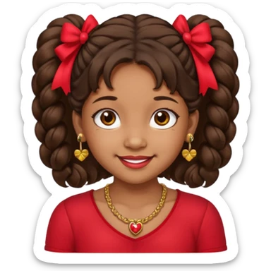 Brownskin girl dark brown hair fluffy. pigtails with red bows brown eyes smiling closed mouth red shirt gold esrrings gold necklace sticker