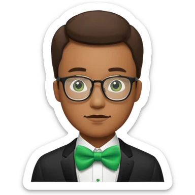 a man with glasses and a green bow tie sticker