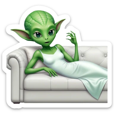 hyper-realistic reptilian green alien woman, in white dress, lie on couch comfy sticker