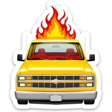 Yellow Chevrolet C-2500 Crew Cab with movie-accurate red flame vinyl graphic on the hood, exactly like the Kill Bill 'Pussy Wagon', 30-degree view, iOS emoji style sticker