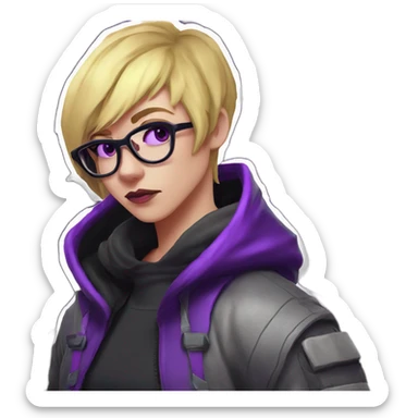 Girl blond artist with round glasses left side behind his laptop with this style: valorant riot Game purple character purple black hooded hacker themed character sticker