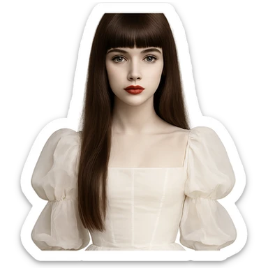 pale girl with chest-length straight brown hair, bangs above the eyebrows covering the forehead, brown almond-shaped eyes, red lips, V-shaped face, small thin nose, wearing a white bouffant dress sticker