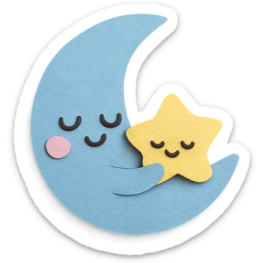 kawaii sleepy blue moon snuggling a tiny plush star, no arms, no legs, full body, soft pastel colors sticker