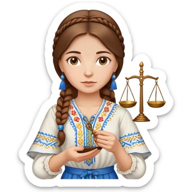 Ukrainian girl with brown hair wearing a traditional embroidered vyshyvanka shirt, holding scales of justice in her hand sticker