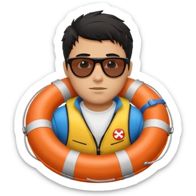 Dark Tan Muscular lifeguard without shirt with messy black hair with sunglasses, with life preserver sticker