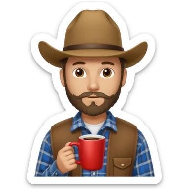 generate an ios genmoji of a 20 year old tan boy with a cowboy hat and mutton chop beard. Wearing a flannel and carrying a coffee mug sticker