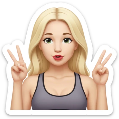 White woman wearing lululemon with blonde hair and middle part doing duck lips and sticking up peace sign with one hand  sticker