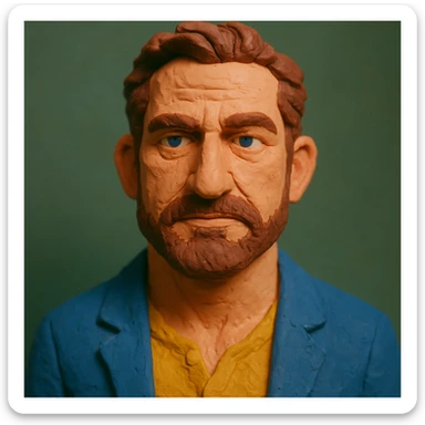 portrait inspired by Gerard Butler, face narrower and forehead slightly larger, claymation style, alternate color palette sticker