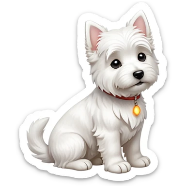 cinematic-[west highland white terrier]-realistic-full-body-sitting-emoji,-tail-resting-loosely-beside-its-paws,-head-tilted-dramatically, dooped ears -wavy-[white-fur,-simplified-yet-realistic-focused-features,-highly-detailed,-glowing-with-an-almost-sarcastic-glow sticker
