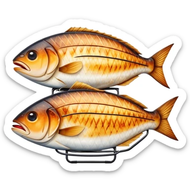 Cinematic Realistic Gradele (Grilled Fish) Dish Emoji, depicted as perfectly grilled fish with a smoky, charred finish rendered with lifelike detail and appetizing, natural lighting. sticker