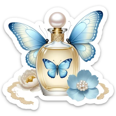 A delicate glass perfume bottle with an iridescent pearl finish rests on a vintage lace doily. A pale blue butterfly flutters nearby, its shimmering wings catching the soft golden light. Scattered white peony petals and a string of pearls add a touch of timeless elegance. sticker