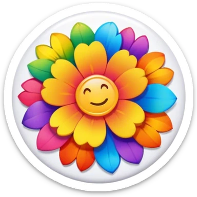 A round hippie colored button with a rainbow flowers in the center sticker