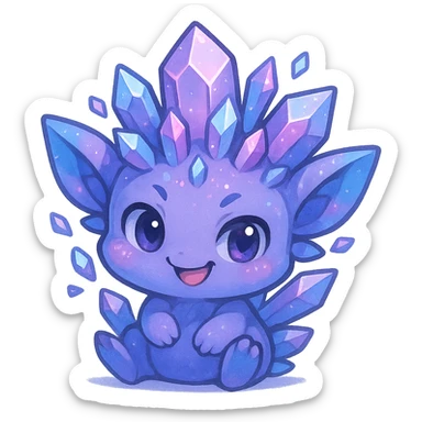 chibi kawaii crystal sprite creature, purple blue and pink colors, mischievous expression, cute and adorable sticker