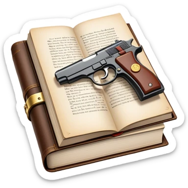 Humanless Icon for Action & Crime Reading: an open book with action-packed scenes, featuring a gun, handcuffs, a detective's badge. The icon should capture the tension and excitement of crime and action stories. Transparent background. sticker