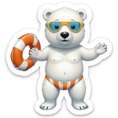 full body friendly anthropomorphised polar bear wearing striped swim shorts and swim goggles, standing in a puddle and holding a life buoy sticker