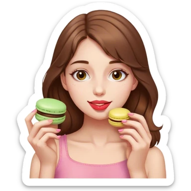 Pretty brown haired girl eating macaron sticker