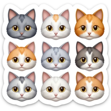 6 realistic looking cats with different natural coloured coats, assorted grey and white, greys, calico, brown and white colours etc
 sticker